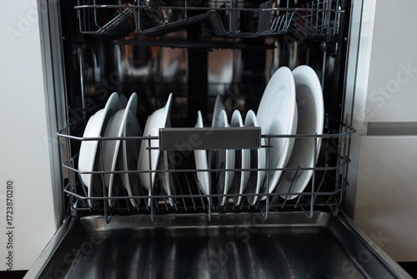 Fototapeta Modern dishwasher with neatly arranged clean white plates inside. Kitchen appliance for easy and efficient dishwashing. Household technology saving time and water, offering convenience and hygiene in