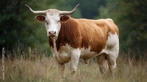Obraz Brown and white cow standing in green field surrounded by tall grass with trees in the background and a soft, diffused light illuminating the scene beautifully.