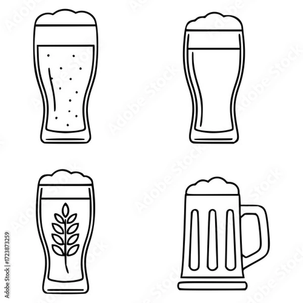 Fototapeta Set of four black-and-white beer glass icons, each with distinct design elements. The top left features bubbles