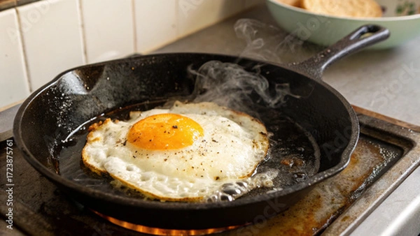 Fototapeta A sunny fried egg cooking in cast-iron skillet with rising steam, rustic food styling for breakfast inspiration.