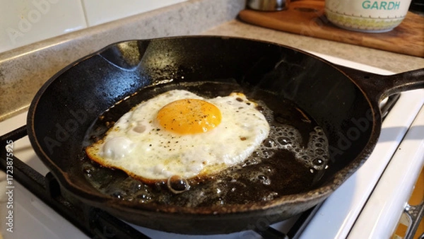 Fototapeta Golden yolk fried egg with bubbling whites in skillet, rustic stovetop kitchen breakfast preparation photography.