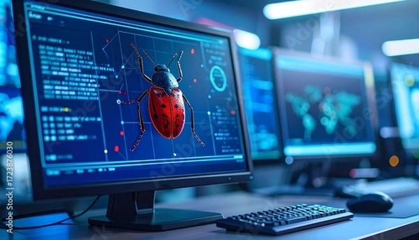 Obraz Computer screens display digital graphics and a ladybug,  representing a bug in code