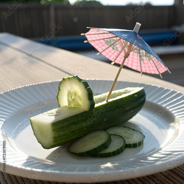 Fototapeta Cucumber Boat with Paper Parasol under Sunlight
