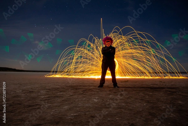 Fototapeta Person wearing glowing mask with arms crossed standing before sparks of light at night.
