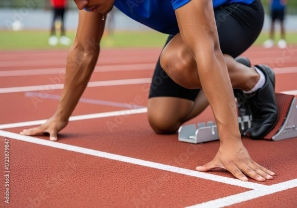 Fototapeta A sprinter in starting position on a red track, focused and ready to launch into motion. Wearing red and black sportswear, the athlete is captured in a moment of intense concentration and power.