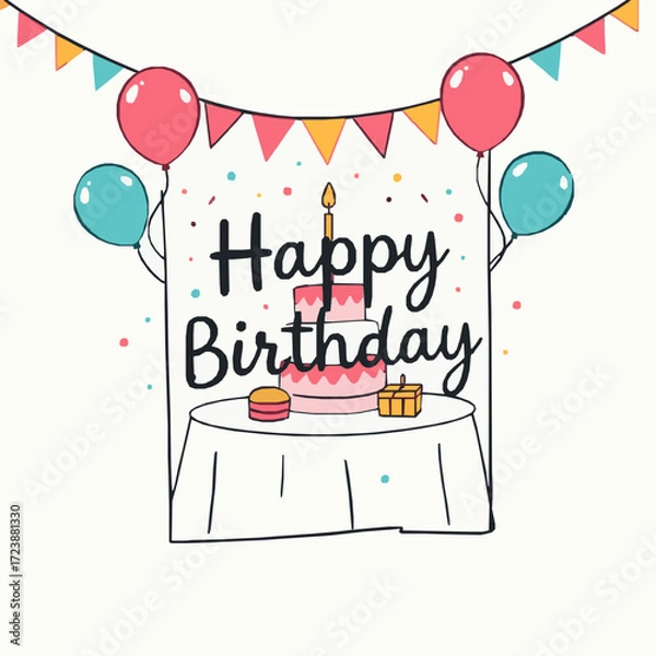 Fototapeta Birthday cake with balloons and bunting celebration