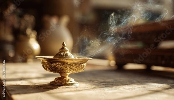 Fototapeta Golden incense burner with smoke (1)