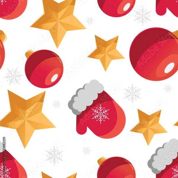 Obraz A versatile vector seamless pattern. This clean and festive design features essential winter elements like snowflakes, stars, Christmas ornaments, and mittens, all scattered across a white background