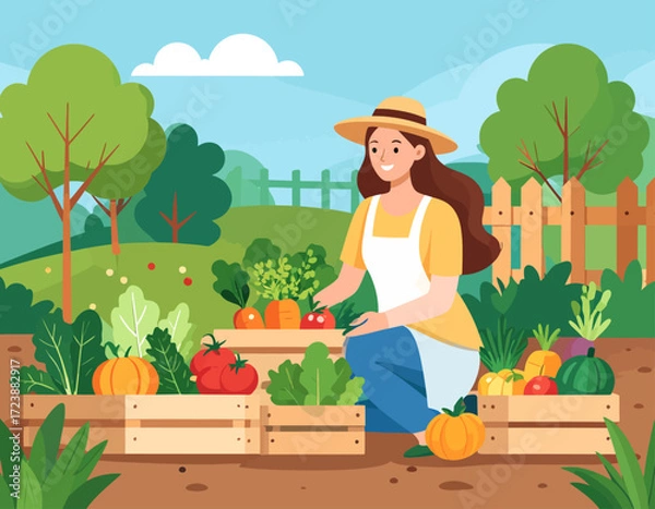 Fototapeta A happy woman tending to her vegetable garden, with a variety of colorful vegetables in wooden crates, representing hobbies, gardening, farming, and a healthy lifestyle.