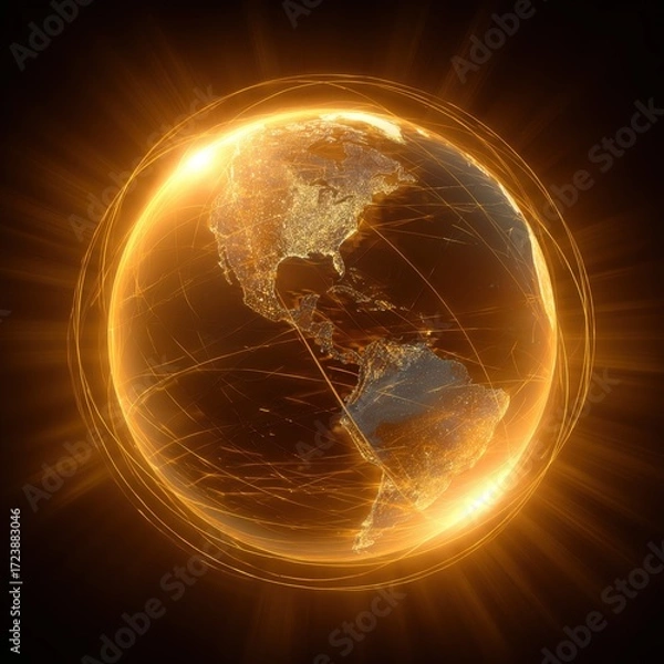 Fototapeta Golden globe, Earth, radiating light