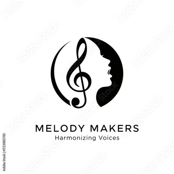 Fototapeta Black and white logo for Melody Makers featuring a treble clef and a woman's profile silhouette within a circle.