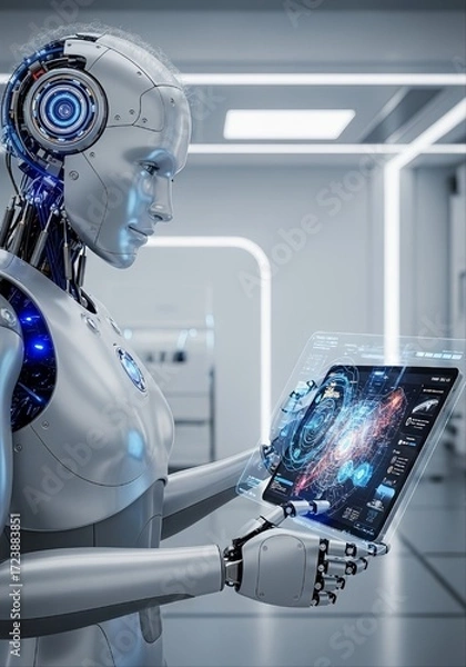 Obraz Futuristic android robot holding digital tablet device