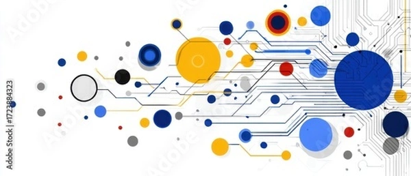 Fototapeta Abstract circuit design with colorful circles and lines