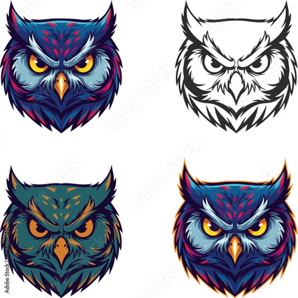 Fototapeta Owl icon set, brightly colored owl icon, owl head icons in four variations.