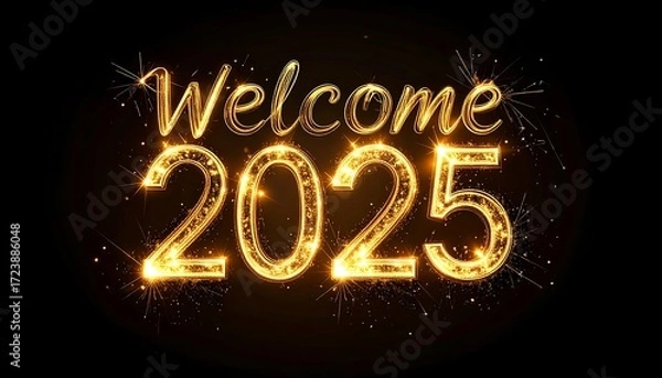 Fototapeta Sparkly golden text greeting the new year 2025, on a black background with small starburst-like effects