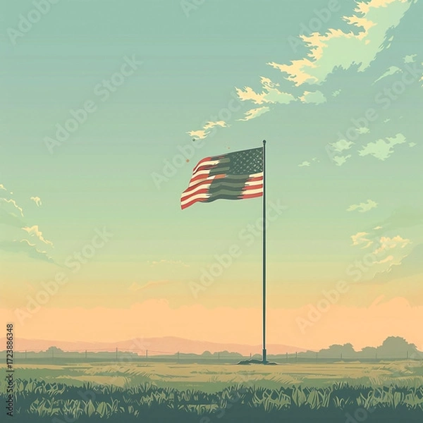 Fototapeta A serene depiction of the American flag waving gently against a calming landscape