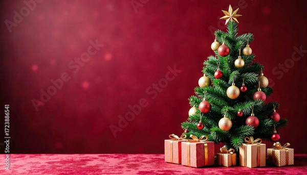 Fototapeta Small decorated christmas tree with gold and red baubles and star, gift boxes in the foreground on red velvet table, blurred burgundy background with bokeh, festive holiday atmosphere