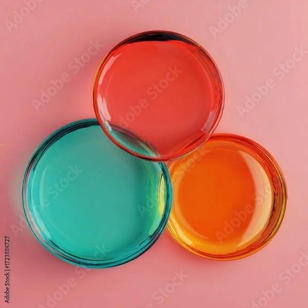 Fototapeta Three translucent circles in vibrant colors, layered atop a pastel pink surface