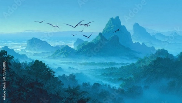 Fototapeta Misty mountain range with pterosaurs