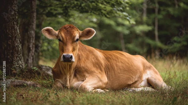 Fototapeta Golden cow resting on grassy ground surrounded by trees in a peaceful outdoor setting under soft natural light during a calm afternoon.