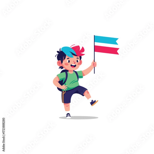 Fototapeta A cheerful young child with a backpack and a flag explores the world.