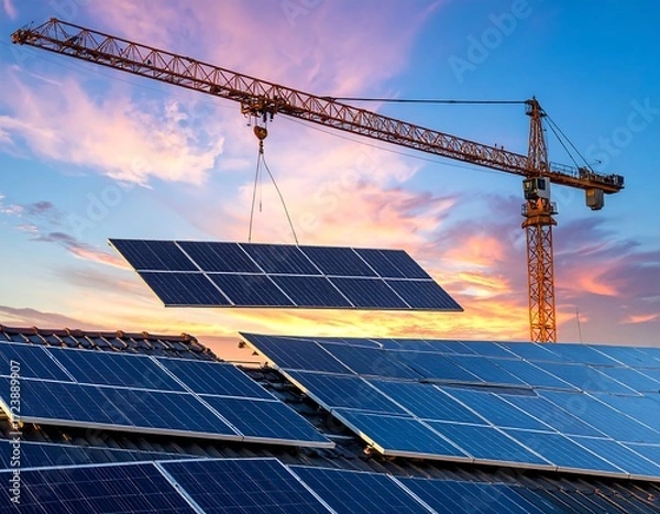 Obraz Construction crane installing solar panels on a roof at sunset
