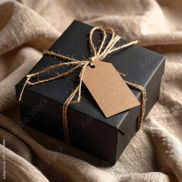 Obraz Black gift box with twine and tag on beige fabric