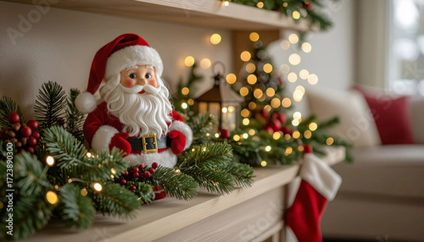 Obraz Santa figurine on a shelf surrounded by holiday decorations in a cozy living room with copy space