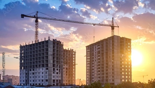 Obraz Construction of two apartment buildings at sunset