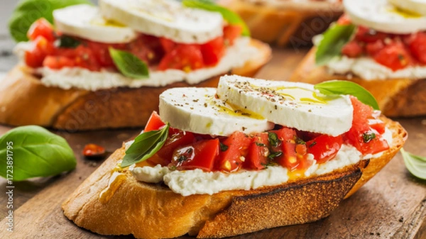 Fototapeta Delicious bruschetta topped with fresh tomatoes mozzarella and basil appetizer perfection
