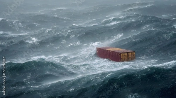 Fototapeta Shipping Cargo Container Adrift in a Stormy Ocean, A Dramatic Manifestation of Cargo Insurance Concepts