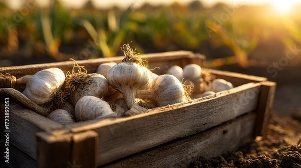 Fototapeta Artistic rendering of freshly collected garlic bulbs arranged in a handcrafted wooden crate in an open, sunlit field exuding agricultural promise