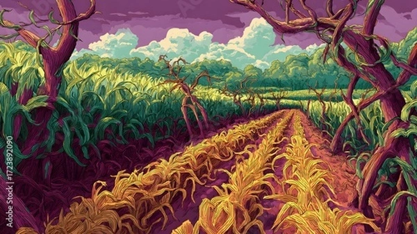 Fototapeta Evolving Agricultural Fields into a Mingle of NatureÆs Overgrown Splendor Captured in Precise and Vibrant Vector Art