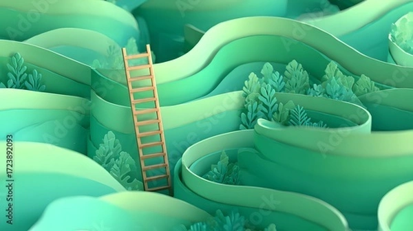Fototapeta A surreal 3D cartoon scene featuring a ladder navigating through vibrant green maze walls rendered in a whimsical pastel vector illustration style.