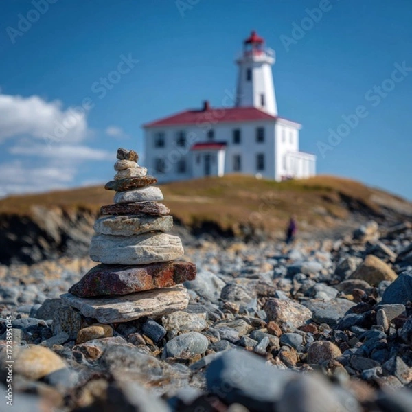 Obraz Coastal scene with a stone cairn and a lighthouse