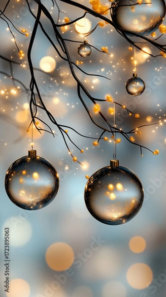Obraz Luxury golden glass balls with sparkling lights and bokeh, glamorous festive background, modern abstract design for celebration, holiday and party concept