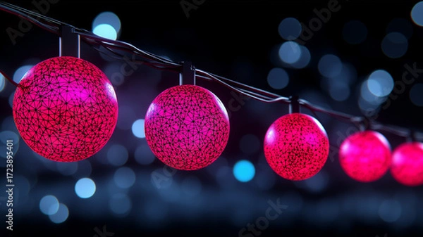 Obraz Winter holiday background with glowing pink decorative lights hanging, sparkling festive illumination on night sky with bokeh effect