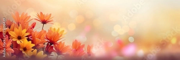 Fototapeta Vibrant orange and yellow flowers bloom in a soft-focus garden setting, creating a warm atmosphere with bokeh effects and gentle light, perfect for seasonal themes and nature-inspired designs