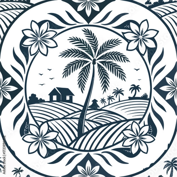Fototapeta Tropical coconut tree rural scenery mandala vector illustration scalable eps icon vector