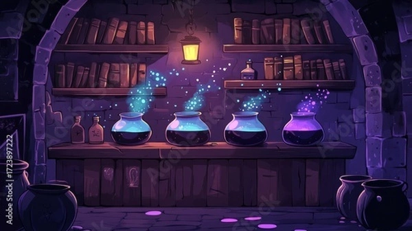 Fototapeta Colorful potions in glass jars are bubbling on a wooden table in a mystical room, surrounded by shelves filled with ancient books and magical artifacts, creating an enchanting atmosphere
