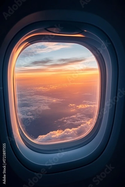 Fototapeta Airplane window view showcasing a breathtaking sunset over the clouds, with vibrant orange and purple hues illuminating the sky, creating a serene and tranquil atmosphere