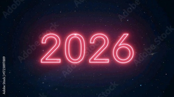 Fototapeta Bright neon 2026 glowing against a dark, star-filled space background celebrating the new year with hope and excitement for future innovations