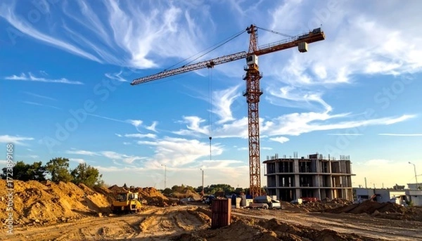 Obraz Construction site with crane and building under construction