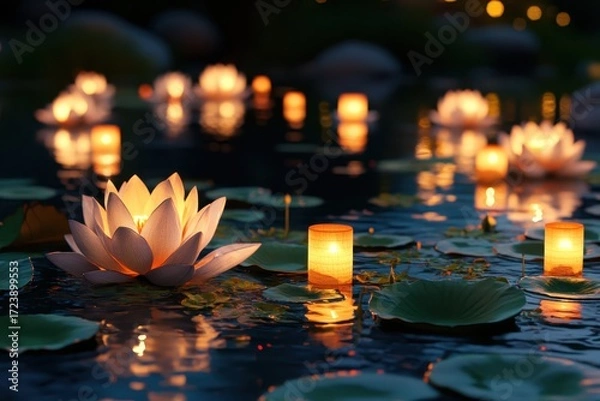 Fototapeta illuminated lotus flowers and floating lanterns on tranquil water at night.