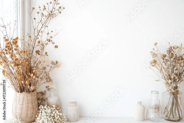 Fototapeta Rustic Mockup with Branding Space: Neutral Dried Flower