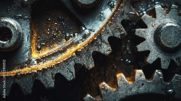 Fototapeta Close-up view of interlocking metal gears with intricate details, showcasing rust and wear, highlighting the mechanical beauty and complexity of machinery in industrial settings