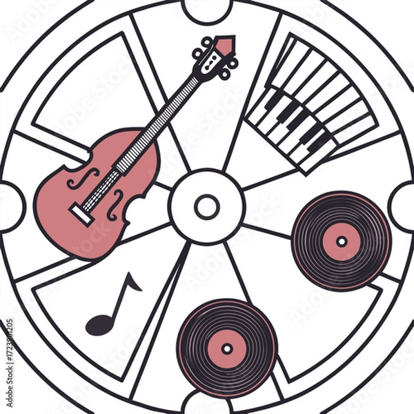 Fototapeta Scalable vector mandala illustration featuring guitar violin piano keys and records vector