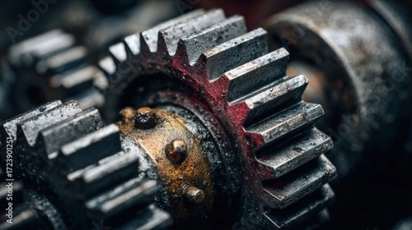 Fototapeta Close-up view of metallic gears with intricate teeth and rust, showcasing the mechanical details and textures of industrial machinery in a dynamic composition