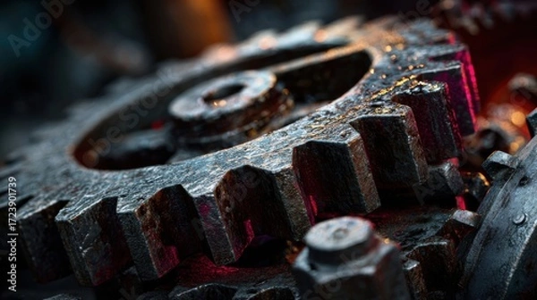 Fototapeta Close-up view of a large, rusty gear with intricate details and textures, showcasing the mechanical design and industrial aesthetic in a workshop environment