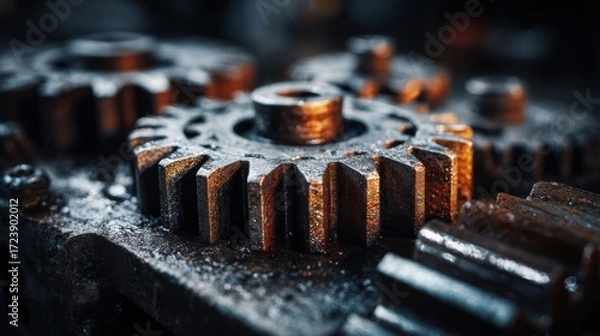 Fototapeta Close-up view of rusty metal gears interlocking in a mechanical assembly, showcasing intricate details and textures, representing industrial machinery and engineering concepts